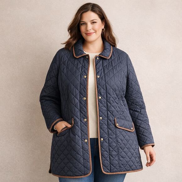 Talbots Jackets & Blazers - Talbots Quilted Barn Jacket Navy Blue Faux Leather Trim Women’s 3X